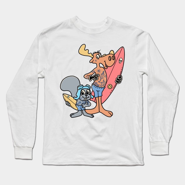 Rocky and bullwinkle surfing Long Sleeve T-Shirt by something_kind